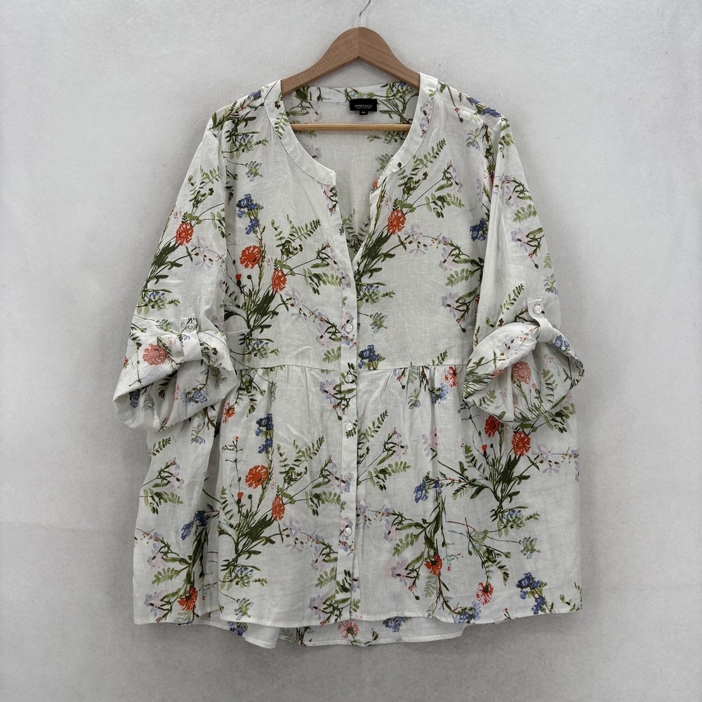 Jones New York Blouse Womens 2X White Linen Floral Henley 3/4 Roll Tab Tunic